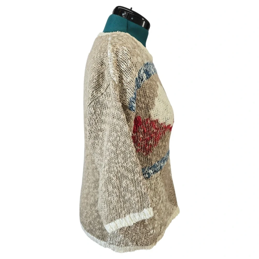 SML Sport Vintage Hand Knit Linen Cotton Sweater Beige Red Blue Diamond M‎